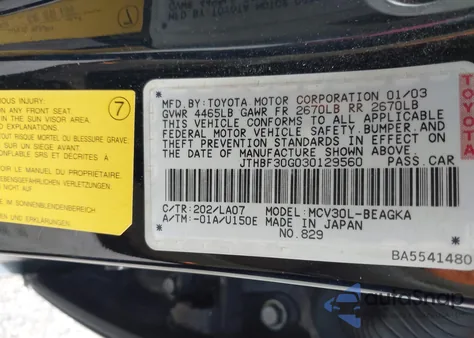 2003 Lexus Es 300 z USA, uszkodzony, nr VIN JTHBF30G030129560